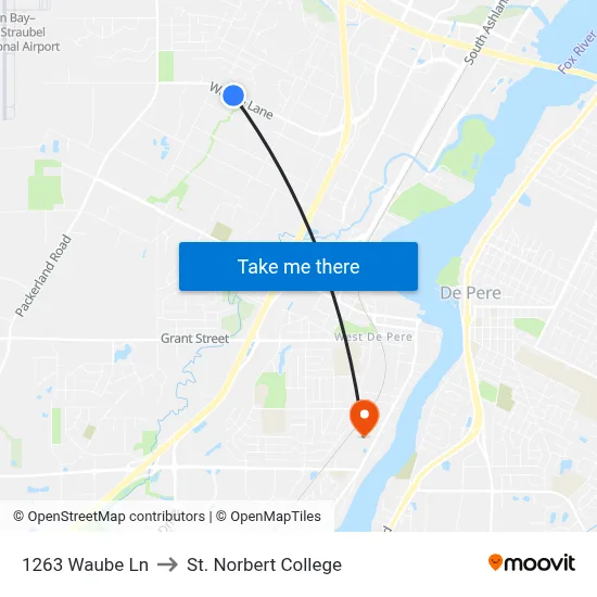 1263 Waube Ln to St. Norbert College map