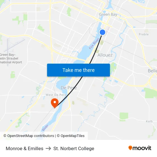 Monroe & Emilles to St. Norbert College map