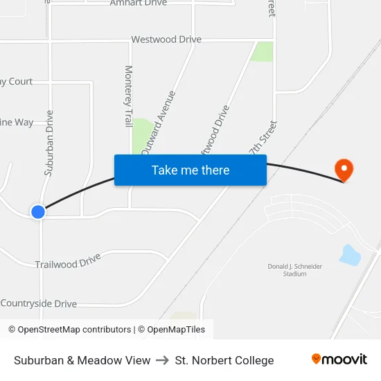 Suburban & Meadow View to St. Norbert College map