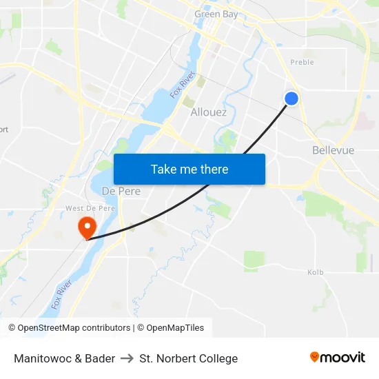 Manitowoc & Bader to St. Norbert College map