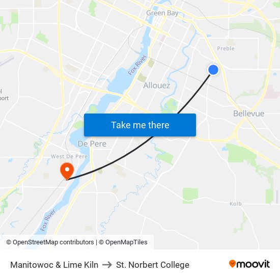 Manitowoc & Lime Kiln to St. Norbert College map