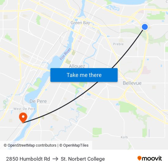 2850 Humboldt Rd to St. Norbert College map