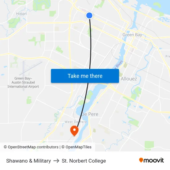 Shawano & Military to St. Norbert College map