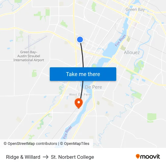 Ridge & Willard to St. Norbert College map