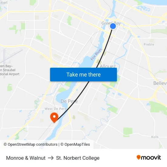 Monroe & Walnut to St. Norbert College map