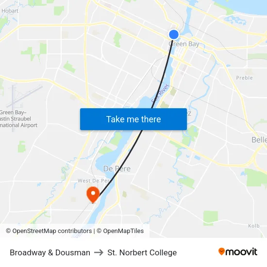 Broadway & Dousman to St. Norbert College map