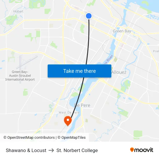 Shawano & Locust to St. Norbert College map