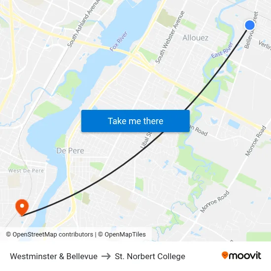 Westminster & Bellevue to St. Norbert College map