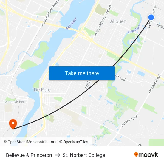 Bellevue & Princeton to St. Norbert College map