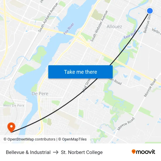 Bellevue & Industrial to St. Norbert College map