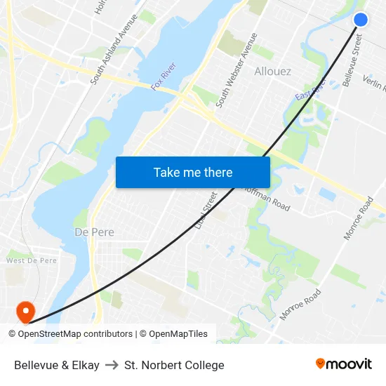 Bellevue & Elkay to St. Norbert College map