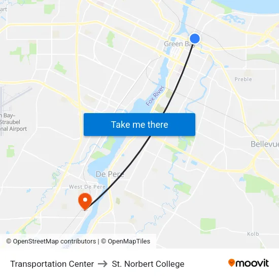 Transportation Center to St. Norbert College map