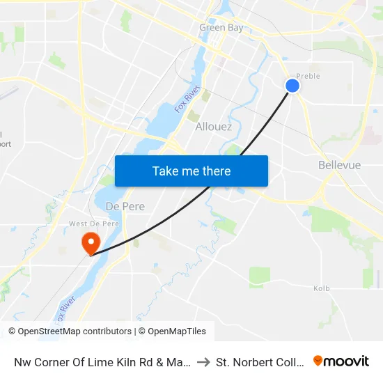 Nw Corner Of Lime Kiln Rd & Main St to St. Norbert College map