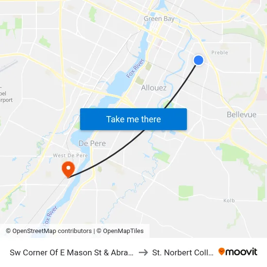 Sw Corner Of E Mason St & Abrams St to St. Norbert College map