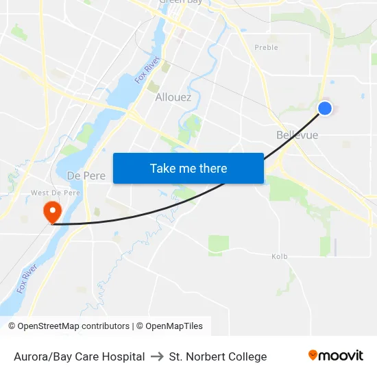 Aurora/Bay Care Hospital to St. Norbert College map