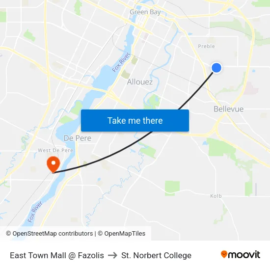 East Town Mall @ Fazolis to St. Norbert College map