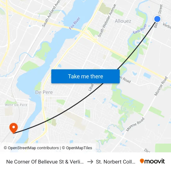 Ne Corner Of Bellevue St & Verlin Rd to St. Norbert College map