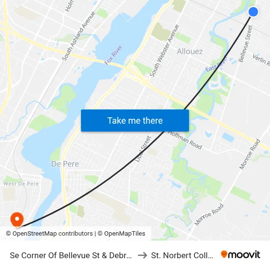 Se Corner Of Bellevue St & Debra Ln to St. Norbert College map