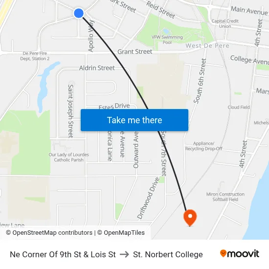 Ne Corner Of 9th St & Lois St to St. Norbert College map