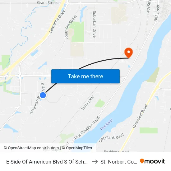 E Side Of American Blvd S Of Scheuring Rd to St. Norbert College map
