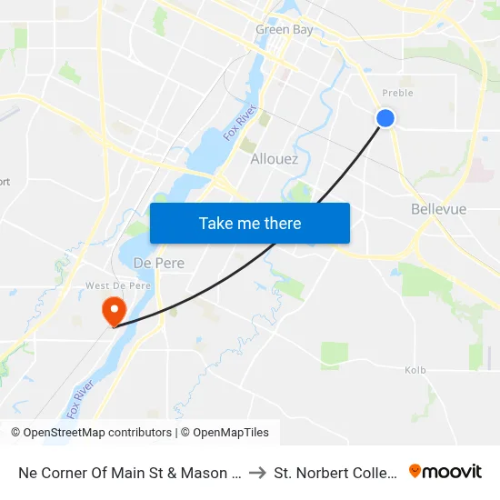 Ne Corner Of Main St & Mason St to St. Norbert College map