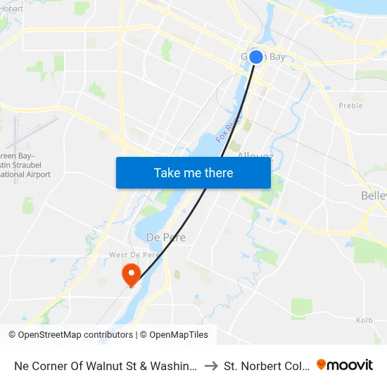 Ne Corner Of Walnut St & Washington St to St. Norbert College map