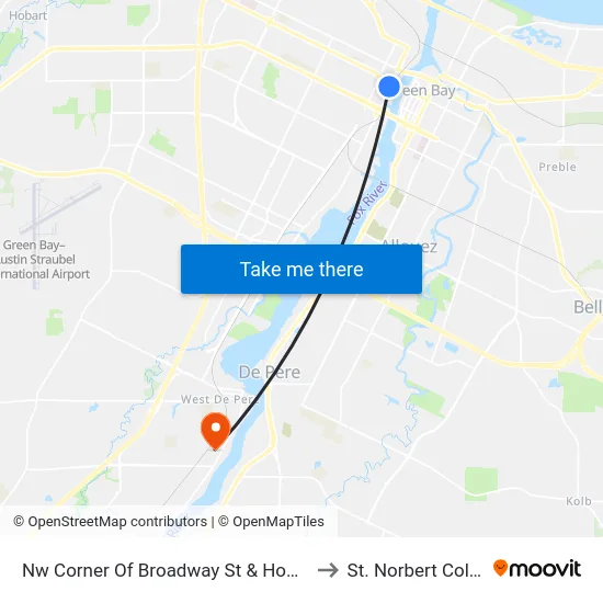 Nw Corner Of Broadway St & Howard St to St. Norbert College map