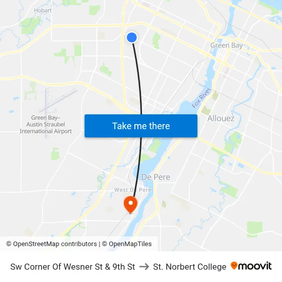 Sw Corner Of Wesner St & 9th St to St. Norbert College map