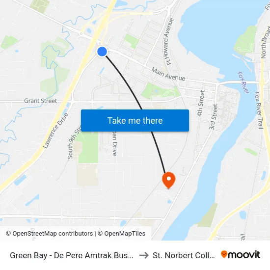 Green Bay - De Pere Amtrak Bus Stop to St. Norbert College map