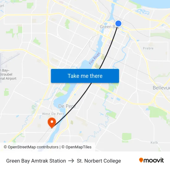 Green Bay Amtrak Station to St. Norbert College map