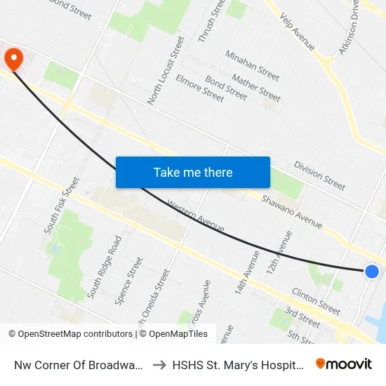 Nw Corner Of Broadway St & Howard St to HSHS St. Mary's Hospital Medical Center map