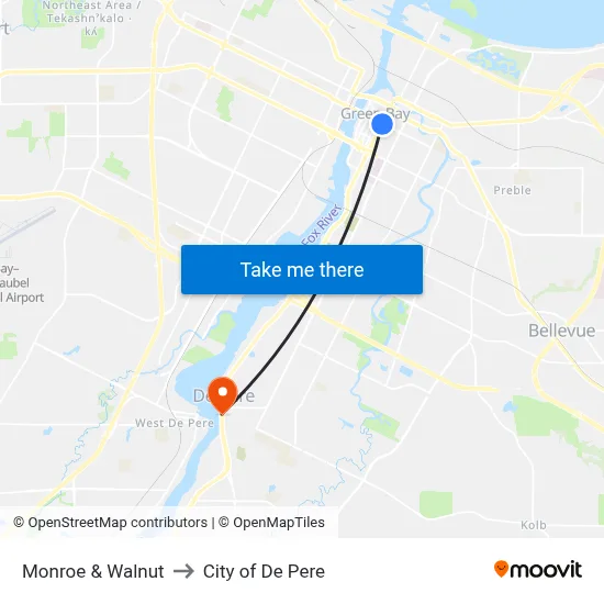Monroe & Walnut to City of De Pere map