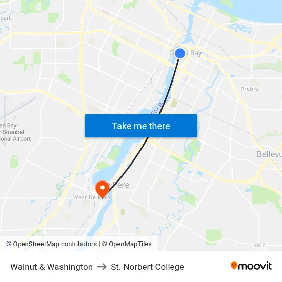 Walnut & Washington to St. Norbert College map