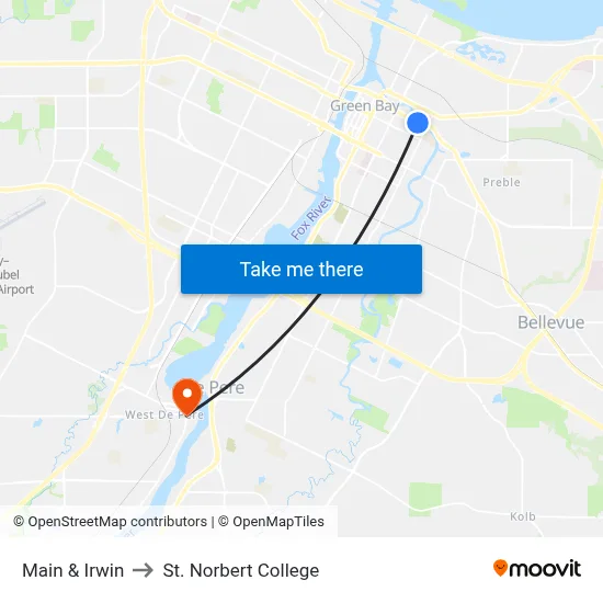 Main & Irwin to St. Norbert College map