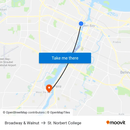 Broadway & Walnut to St. Norbert College map