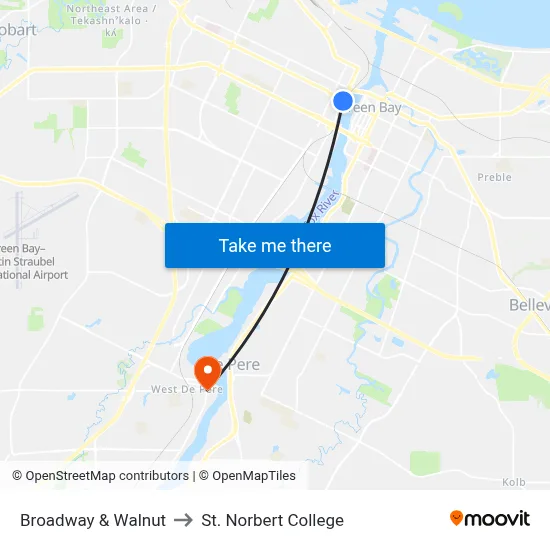 Broadway & Walnut to St. Norbert College map