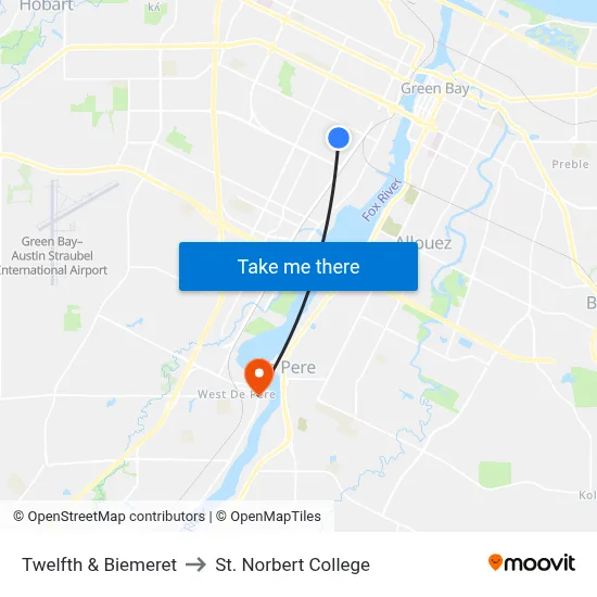 Twelfth & Biemeret to St. Norbert College map