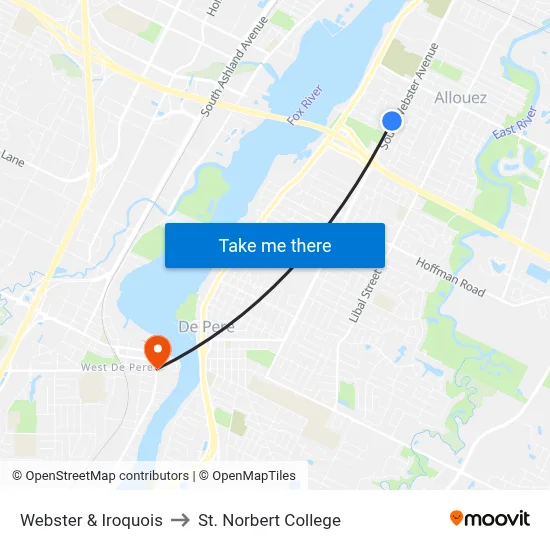 Webster & Iroquois to St. Norbert College map