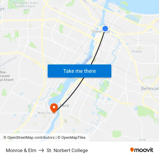 Monroe & Elm to St. Norbert College map
