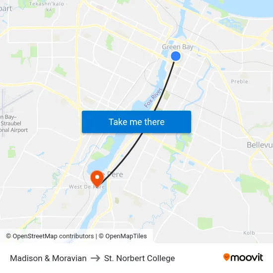 Madison & Moravian to St. Norbert College map