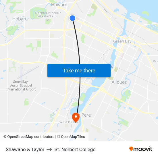 Shawano & Taylor to St. Norbert College map