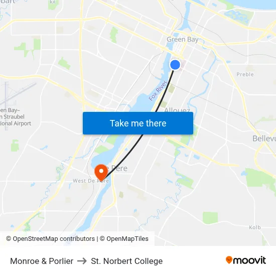 Monroe & Porlier to St. Norbert College map