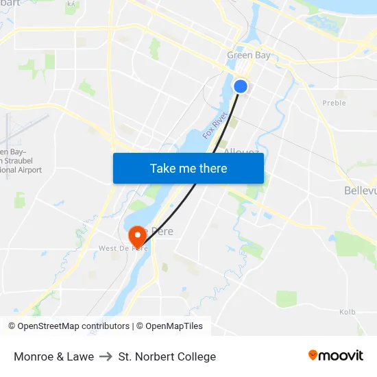 Monroe & Lawe to St. Norbert College map