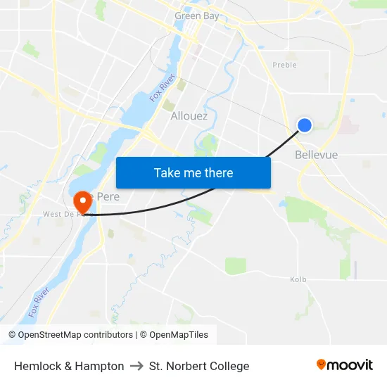 Hemlock & Hampton to St. Norbert College map