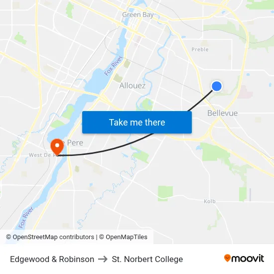 Edgewood & Robinson to St. Norbert College map