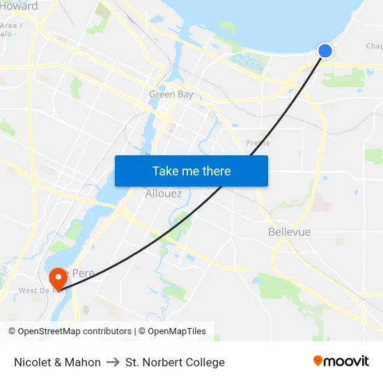 Nicolet & Mahon to St. Norbert College map
