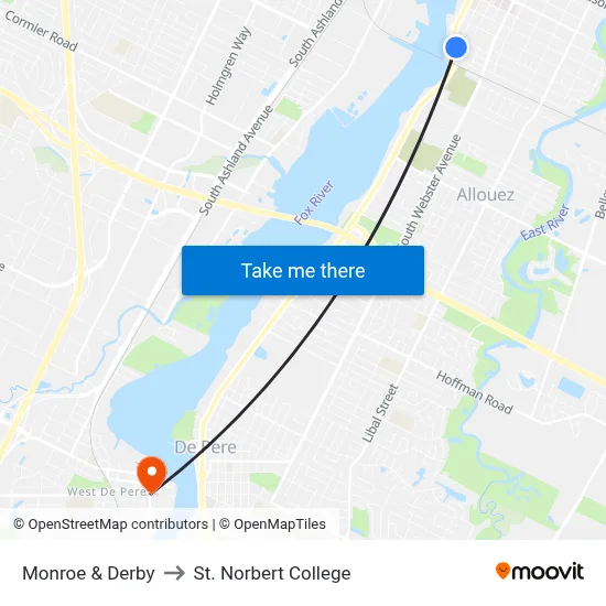 Monroe & Derby to St. Norbert College map