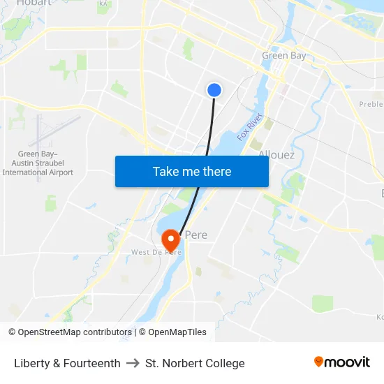 Liberty & Fourteenth to St. Norbert College map