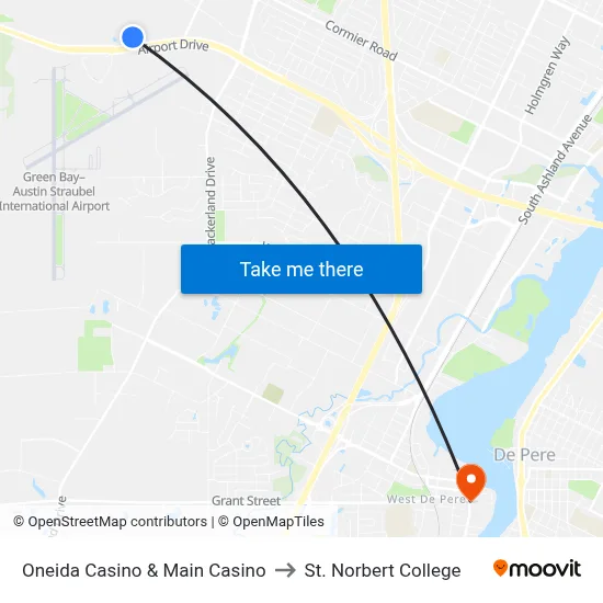 Oneida Casino & Main Casino to St. Norbert College map