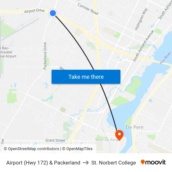 Airport (Hwy 172) & Packerland to St. Norbert College map
